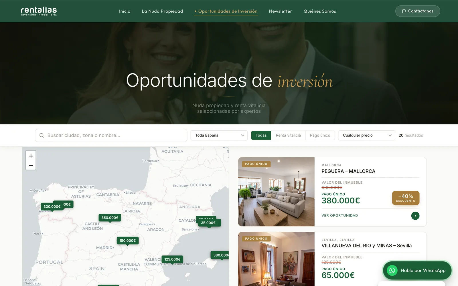 Catálogo de oportunidades de inversión de Rentalias, con mapa y fichas de propiedad
