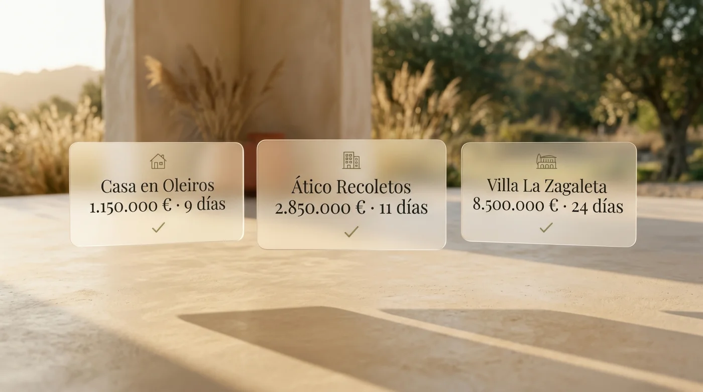 Tres tarjetas editoriales sobre superficie de mármol mediterráneo mostrando propiedades de la cartera de una agencia inmobiliaria.