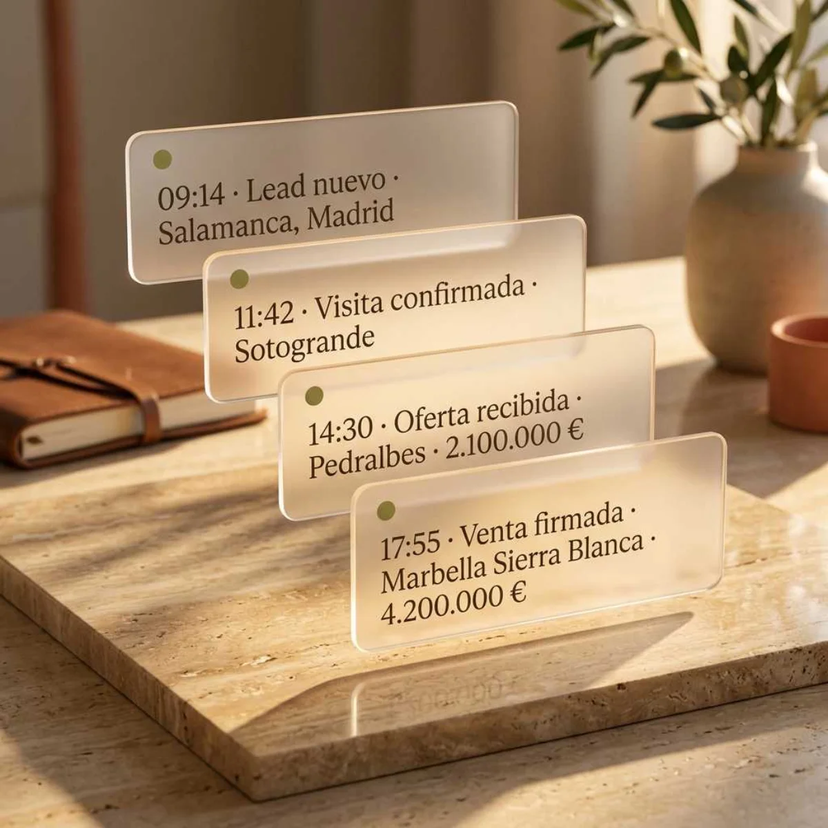 Closer, cards de propiedades flotando sobre superficie editorial.